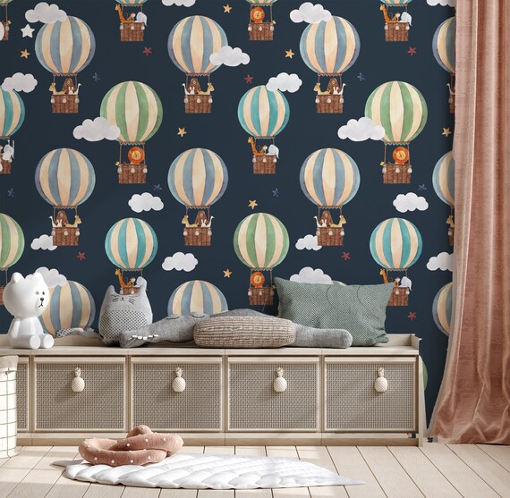 Hot Air Balloon Nursery Wallpaper: Baby Animal Wall Art, Peel and Stick
