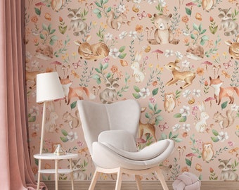 Woodland Nursery Wallpaper • Baby Animals • Peel and Stick • Wall Mural