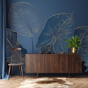 Vintage Dark Navy Blau botanische Tapete Exotisches Blattdesign auf Gold Line Art, Stilvolles Hauswandwandbild, Schälen und Kleben, entfernbar, Vinylwand