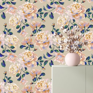 Blooming Rose Wallpaper, Yellow and Pink Floral Peel and Stick, Oil Painting Style, Removable Vinyl, Self Adhesive, Flower Wall Art