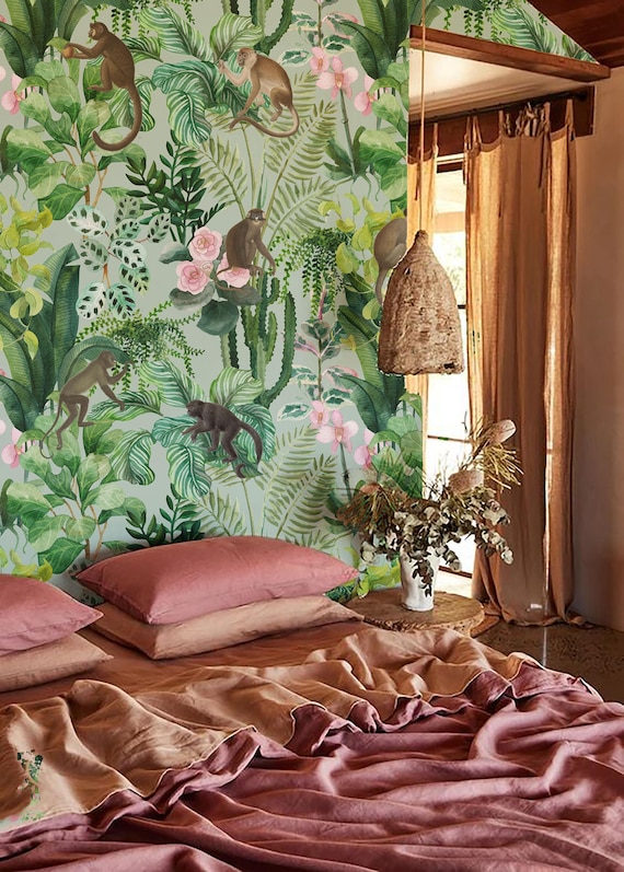 Exotic Botanical Monkeys Wallpaper: Removable, Peel & Stick Mural,vinly wallpaper