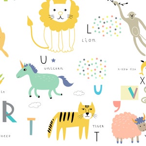 May include: A colourful alphabet chart with illustrations of animals for each letter. The animals include a kangaroo, lion, unicorn, rabbit, sheep, tiger, monkey, fish, viper, and yak. The letters are in a variety of colours and fonts.