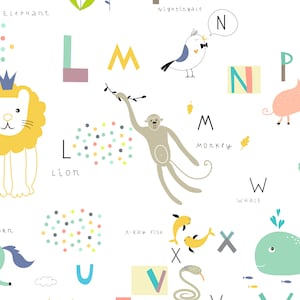 May include: A colourful alphabet chart featuring illustrations of animals and objects. The letters are in uppercase and are surrounded by colourful dots, leaves, and other decorative elements. The animals include a lion, monkey, whale, owl, unicorn, elephant, and a nightingale. The objects include a fish, a snake, and a crown.