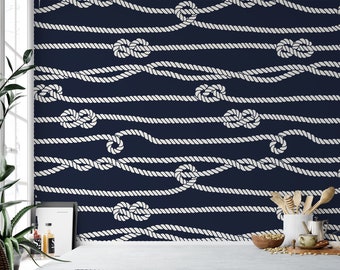 Sail Away in Style: Maritime-Inspired Navy Blue Wallpaper with Rope Pattern for Bathrooms or Beachy Interiors,removable,peel and stick,vinly