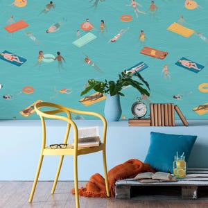 Blue Sea Swim Wallpaper - Self Adhesive, Removable Vinyl, Pool & Beach Decor