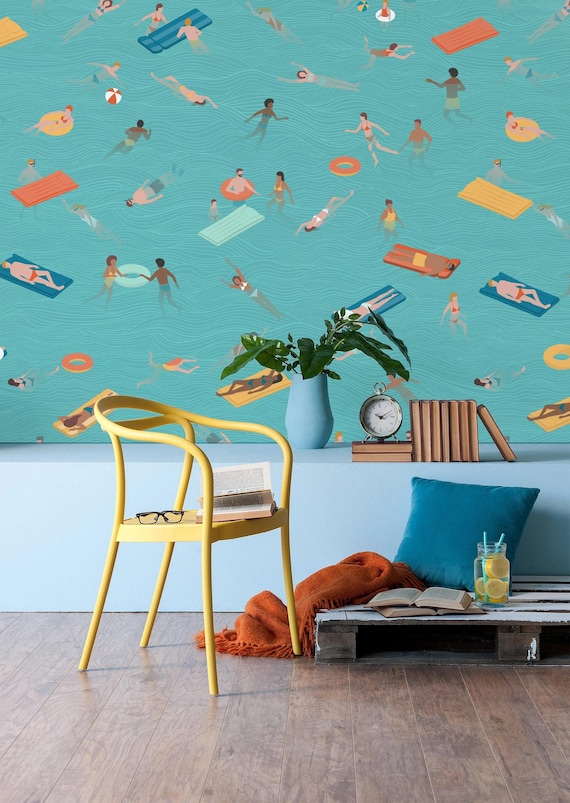 Blue Sea Swim Wallpaper - Self Adhesive, Removable Vinyl, Pool & Beach Decor