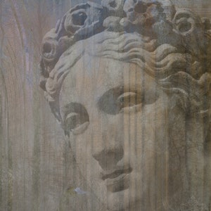 May include: A close-up of a weathered stone sculpture of a woman's face. The sculpture is partially obscured by a textured background, creating a sense of mystery and depth.
