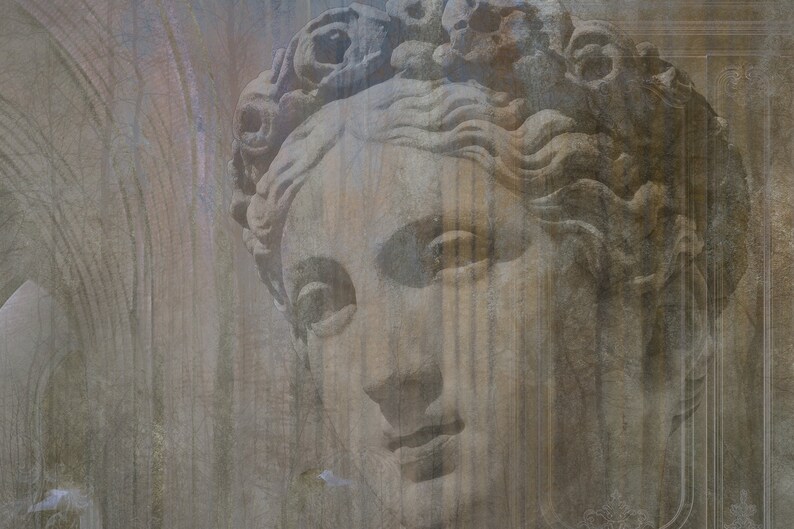 May include: A close-up of a weathered stone sculpture of a woman's face. The sculpture is partially obscured by a textured background, creating a sense of mystery and depth.