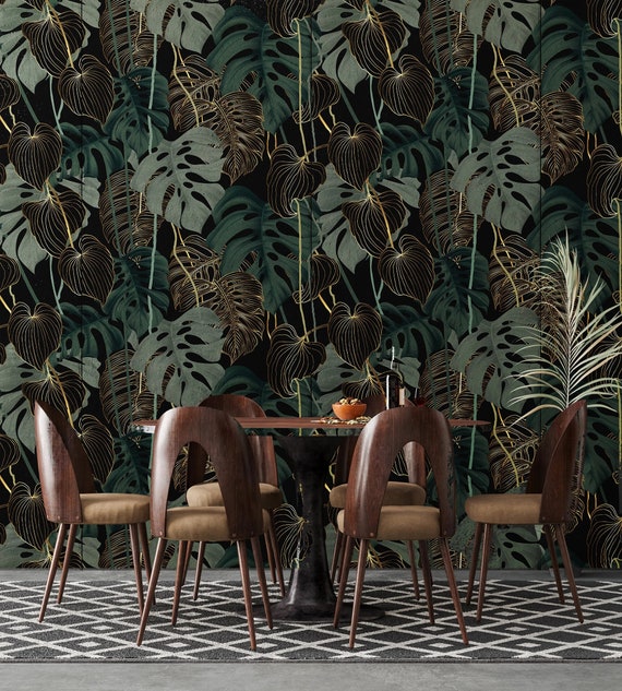 Dark Forest Wallpaper: Art Deco Monstera Leaf Peel and Stick