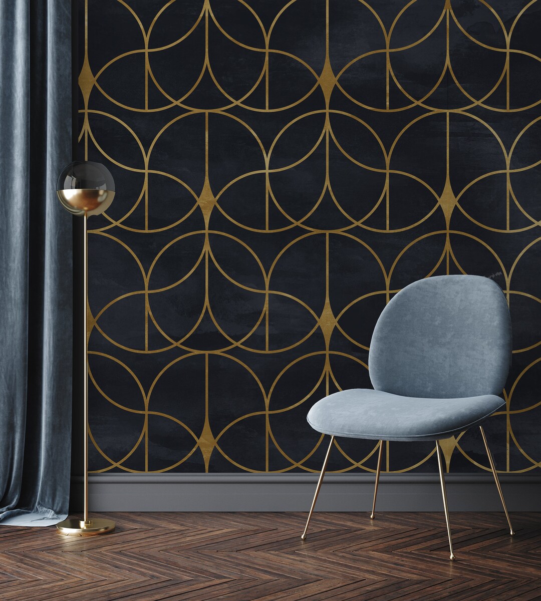 Art Deco Geometric Wallpaper • Chic Black and Gold • Peel and Stick ...
