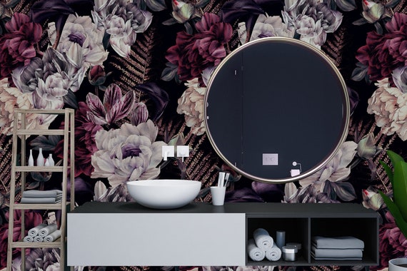 Dark Floral Wallpaper,rose wallpaper,removable mural,peel and stick,vinly,Midnight flowers,wallpaper,large paper flowers,self adhesive,peony