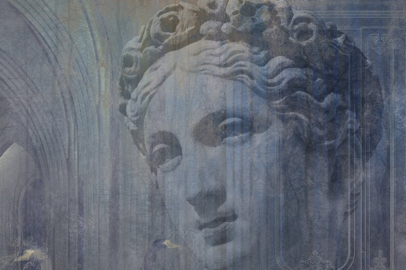 May include: A close-up of a weathered, blue-toned sculpture of a woman's face. The sculpture is partially obscured by a textured, blue background.