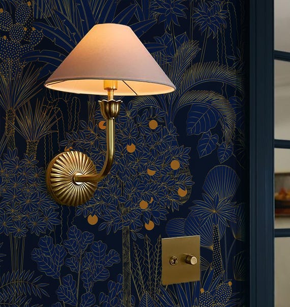 Navy Botanical Peel and Stick Wallpaper: Gold Line Art Exotic Leaves