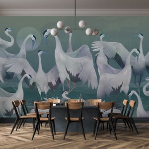 Elegant Crane Wallpaper: Heron Birds Wall Art for a Serene and Relaxing Ambiance,Blue Heron,Crane Wallpaper,Asian birds,peel and stick,mural