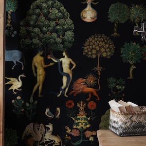 Historische Adam & Eva vintage mit Schlange,Schlange,Pferd und Löwe,Garten Eden,selbstklebende,entfernbare,Vinyl Tapete