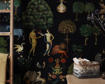 May include: A black and white wallpaper with a repeating pattern of trees, animals, and people. The wallpaper features a variety of colors, including green, brown, and red. The wallpaper is a great way to add a touch of nature to any room.