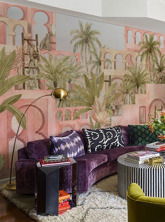 Courtyard City Wallpaper: Monkeys & Palm Trees, Peel and Stick Vinyl