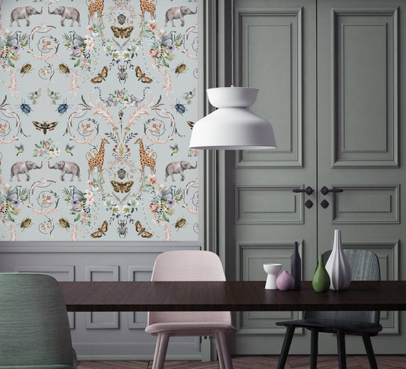 Jungle Animal Wallpaper: Elephant & Giraffe Removable Wall Art