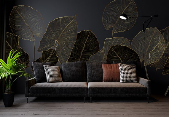Vintage Exotic Leaf Wallpaper: Black & Gold Botanical Wall Mural