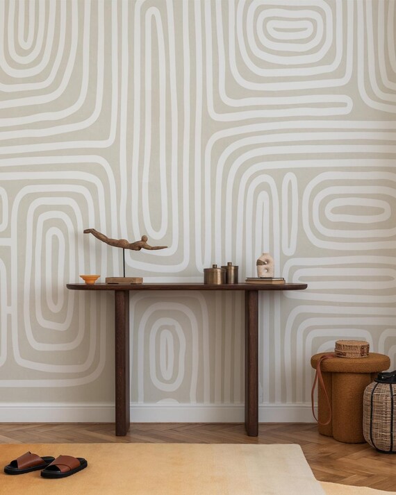 Mid Century Boho Wallpaper – Nude Tones with Modern Boho Line Art | Vinyl & Peel and Stick Wallpaper Alternative for Stylish Spaces