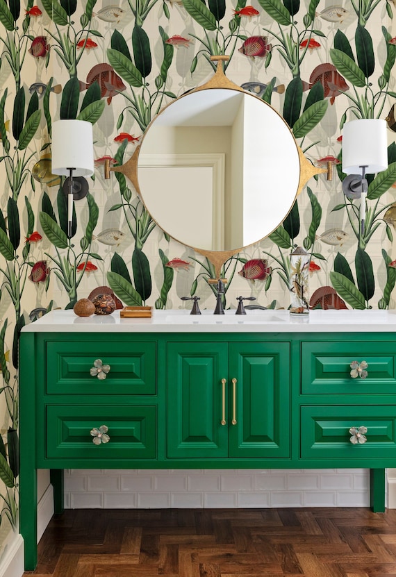 Cream Fish Wallpaper: Oceanic Algae Motif, Removable Wall Decor