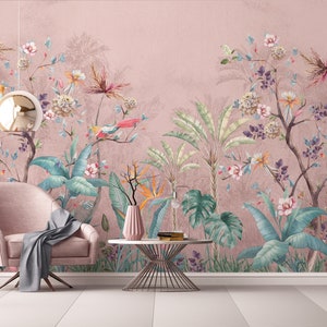 Pink Botanical Beauty: carta da parati con fiori tropicali vivaci, uccelli, palme e foresta rosa esotica, carta da parati con piante, stacca e attacca, murale