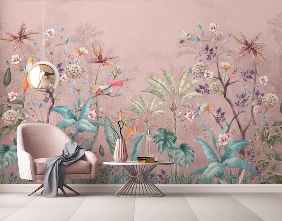 Pink Tropical Wallpaper Mural: Birds, Palm Trees, Exotic Forest (Peel and Stick)
