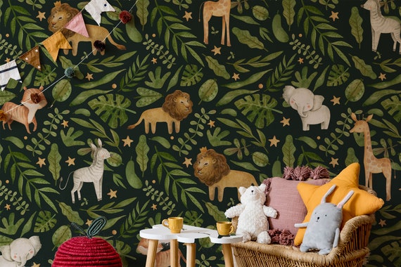 Botanical Lion King Nursery Wallpaper: Peel and Stick Vinyl Mural