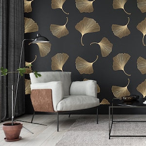 Carta da parati moderna con foglie di ginkgo - Design elegante in nero e oro, stacca e attacca, vinile rimovibile