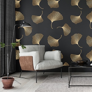 Exquisite art deco Ginkgo Leaves wallpaper, black and gold harmony, peel and stick, removable, self adhesive, vinly wallpaper,wall mural