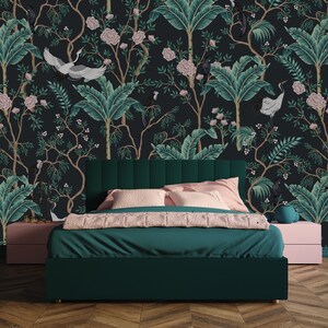 Zwarte Woud Wildlife Chart, exotische reigervogels in het groen, roze bloemmotief, op de natuur geïnspireerd behang, verwijderbaar, pellen en plakken, vinyl