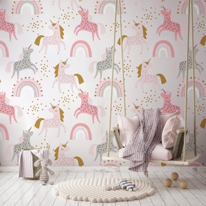 Sweet Little Unicorns and Boho Rainbow Wallpaper-Transform Your Daughter's Room with this Charming and Whimsical Decor! removable,mural
