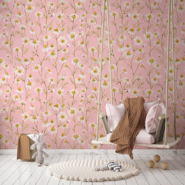 Pink Daisy Floral Print Wallpaper Add a Sense of Spring Joy to your home,removable,self adhesive,peel and stick,vinly,wall mural,thick mural