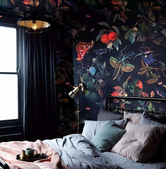 Escape the Jungle:Exotic Butterfly,Flowers on This Dark Botanical Wallpaper,Vintage hand draw plant and bugs,removable,vinyl wallpaper