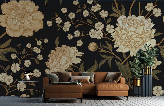 Art Deco Floral Wallpaper: Black and Gold Rose Wall Mural