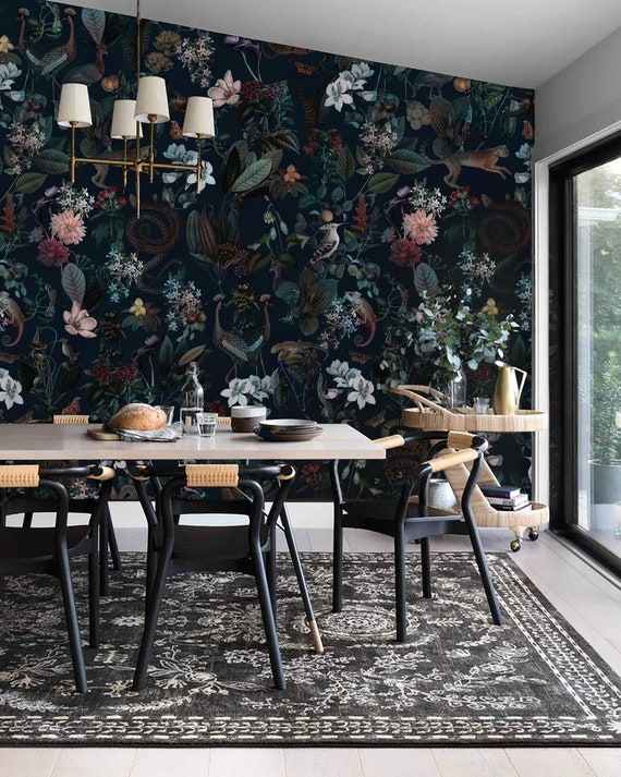 Dark Botanical Wallpaper: Tropical Floral, Herons, Cheetahs (Peel and Stick)