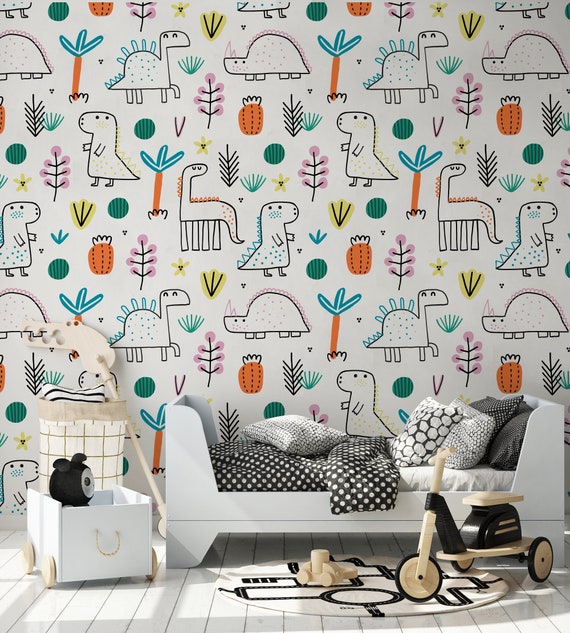 Cartoon Dinosaur Nursery Wallpaper • Pretty jungle • Peel and Stick • Wall Mural