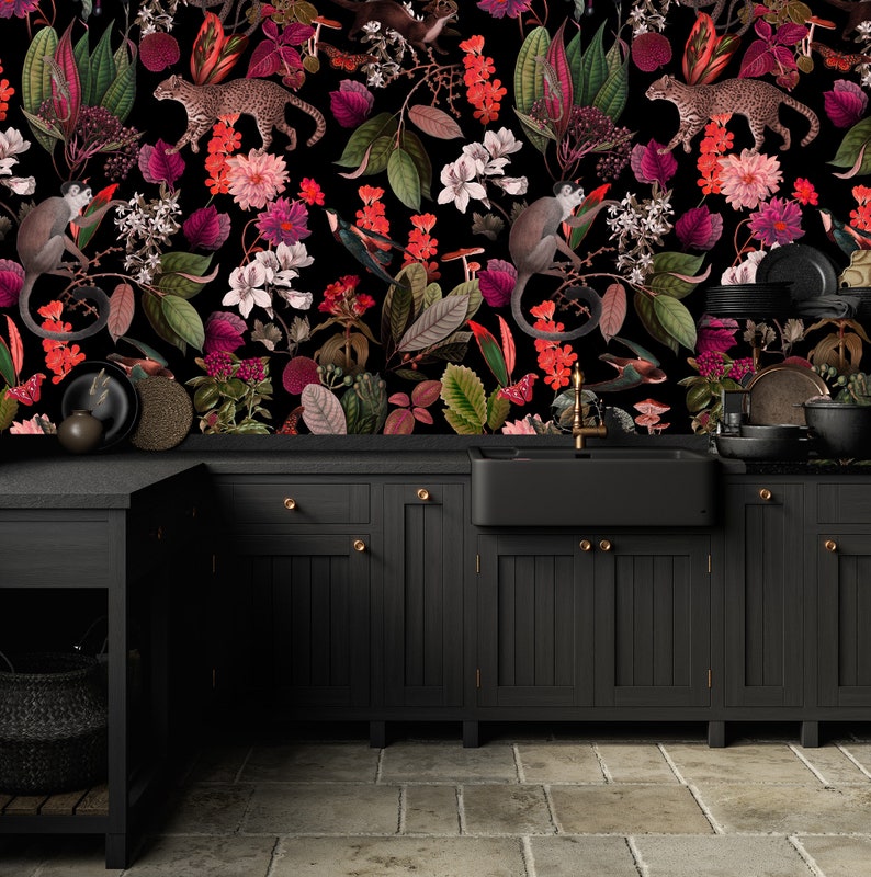 Dark Botanic Wallpaper: Pink Forest Design with Cheetah,Monkey and snakes Leaves and pink orange flowers, self adhesive,removable,wall mural 画像 5