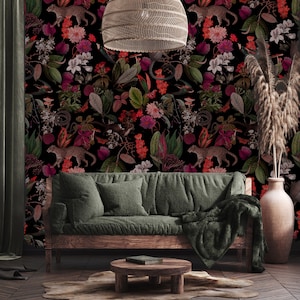 Dark Botanic Wallpaper: Pink Forest Design with Cheetah,Monkey and snakes Leaves and pink orange flowers, self adhesive,removable,wall mural 画像 4