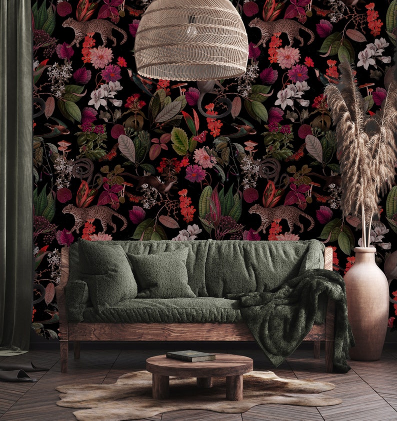 Dark Botanic Wallpaper: Pink Forest Design with Cheetah,Monkey and snakes Leaves and pink orange flowers, self adhesive,removable,wall mural 画像 4