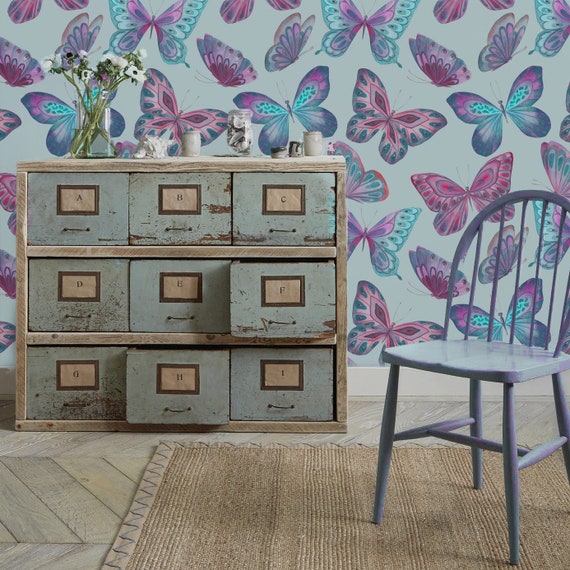 Butterfly wallpaper,colorful butterfly,blue background,vintage butterfly,vinly,peel and stick butterfly,fresh wallpaper,self adhesive,bold