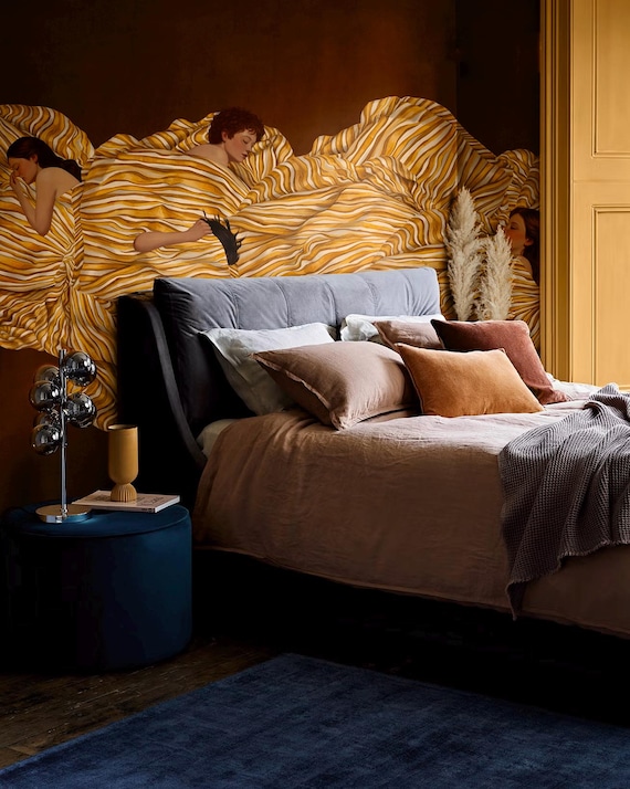 Contemporary Art Wallpaper – Sleeping Woman, Warm Brown and Yellow Stripes