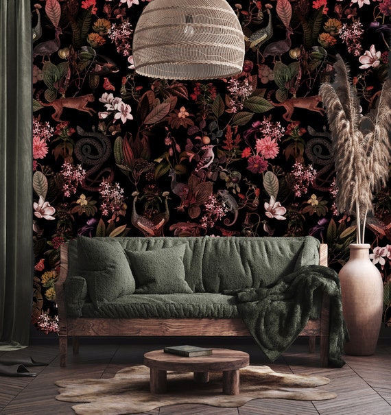 A Nature Lover's Dream:Removable Botanical Wallpaper Featuring Dark Plants,Birds,Cheetahs,Snakes and More,peel and stick,self adhesive,vinly