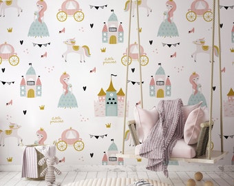 Pink Princess Nursery Wallpaper • Cinderella Fairy Tale • Peel and Stick • Wall Mural