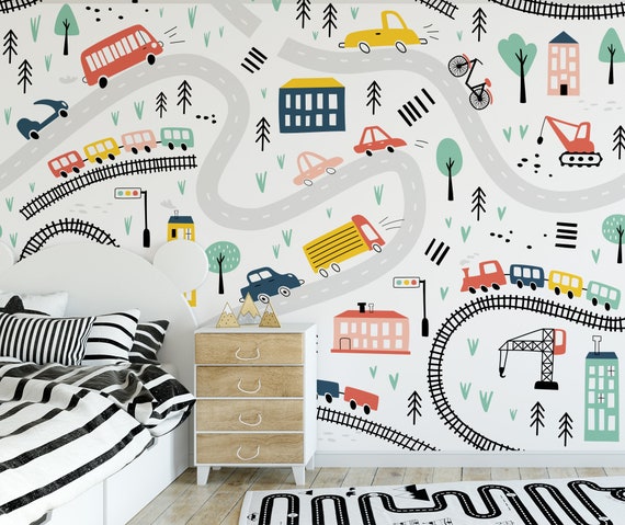 Road Adventure Peel and Stick Wallpaper: Kids Room Nursery Decor