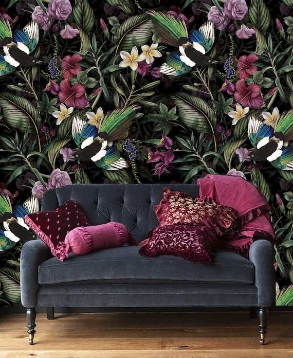 Dark Botanical Wallpaper: Vintage Birds, Flowers, Leaves (Peel and Stick)
