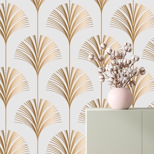 Golden Line Geometric Abstract leaf Design Artdeco Wallpaper - white and Gold Chic for Modern Homes,removable,peel and stick,self adhesive