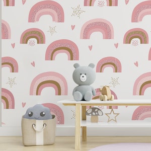 Carta da parati arcobaleno rosa in stile boho dolce e allegro per la decorazione della cameretta di tua figlia, rimovibile, autoadesiva, stacca e attacca, vinile, murale spesso