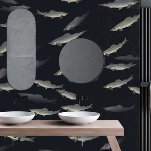 Dark Ocean Breeze Patterned Wallpaper-Transform Your Space with Underwater Charm,Vintage fish wallpaper,removable,peel and stick,vinly,thick