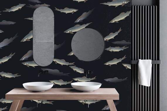 Dark Ocean Breeze Patterned Wallpaper-Transform Your Space with Underwater Charm,Vintage fish wallpaper,removable,peel and stick,vinly,thick